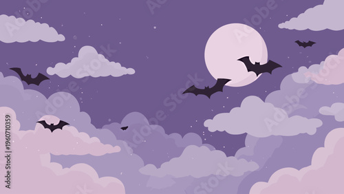 Mystical night scene with silhouetted bats flying under a glowing full moon amidst soft, dreamlike purple and pink clouds, creating a serene and enchanting atmospheric backdrop