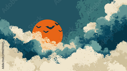 Captivating stylized illustration of an evening sky, showcasing a vibrant orange sun, silhouetted bats in flight, and dramatic textured clouds, creating a serene nocturnal landscape
