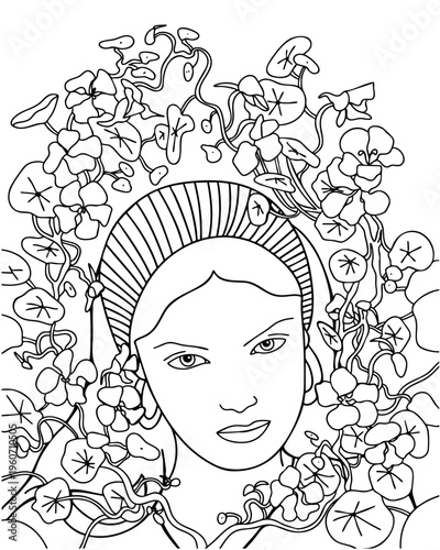 Bohemian Female with Flowers Coloring Illustration, Line Art