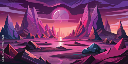 A vibrant digital illustration of a large golden sun setting behind a range of jagged mountains