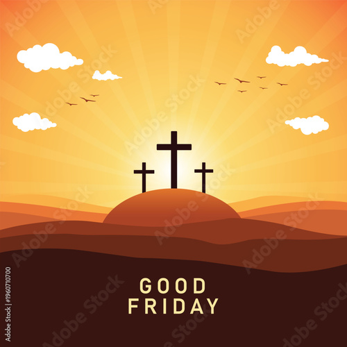 Good Friday Background with Cross Silhouette Sunrise Rays Christian Vector Illustration