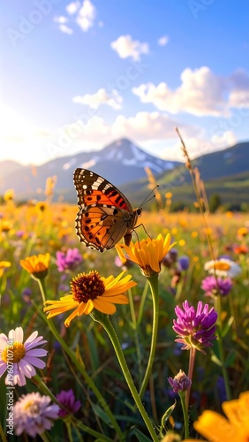 A butterfly perches on a vibrant flower in a sunny meadow