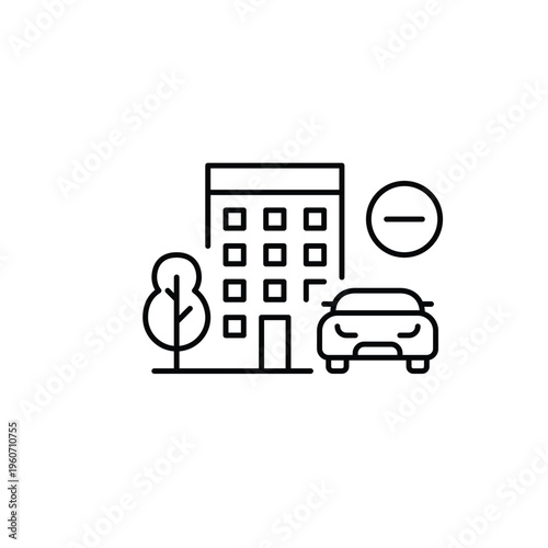 Car parking restriction, no vehicle access in residential area. Apartment building, tree and minus. Pixel perfect, editable stroke vector icon