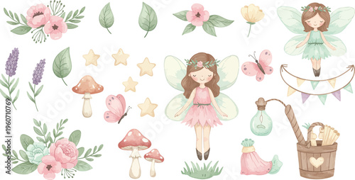Whimsical illustration of a girl surrounded by flowers mushrooms and forest elements in a watercolor style