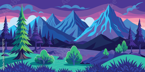 A serene digital landscape featuring layered mountain ranges under a soft purple sunset gradient