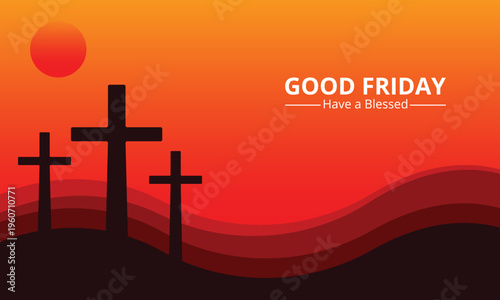 Good Friday Banner with Cross Silhouette Sunset Landscape Christian Vector