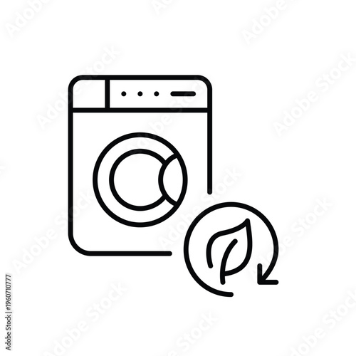 Washing machine, leaf and renew arrow. Sustainable laundry and eco-friendly home appliances. Pixel perfect, editable stroke vector icon
