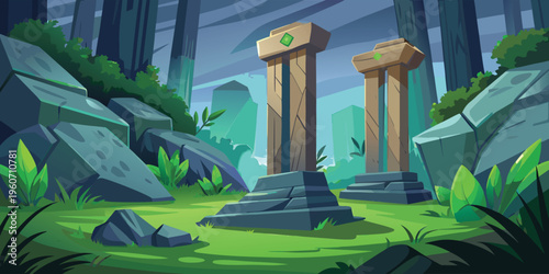 A serene digital illustration of layered mountain ranges under a vibrant and colorful sunset sky