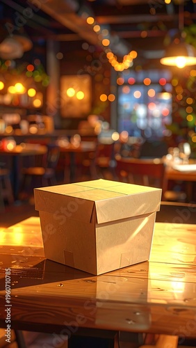 A cardboard box on a wooden table in a dimly lit restaurant