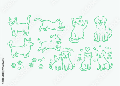Cats and Dogs Icon Set Vector Illustration - Minimalist Green Line Art Collection of Cute Pets, Corgi, Golden Retriever, and Kitten Poses for Pet Care Branding and Stickers