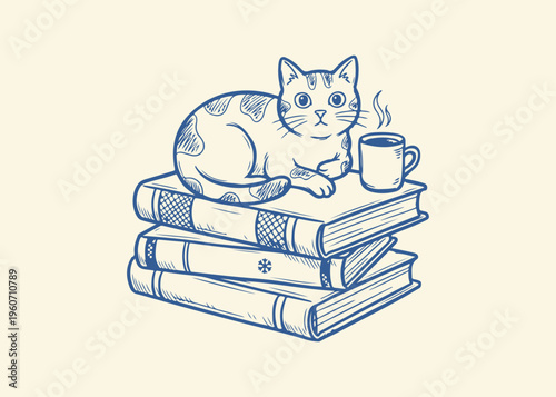 Cozy Cat on Stack of Books with Coffee Vector - Minimalist Blue Line Art Illustration of Tabby Cat, Literature, and Hot Drink for Library or Cafe Decor
