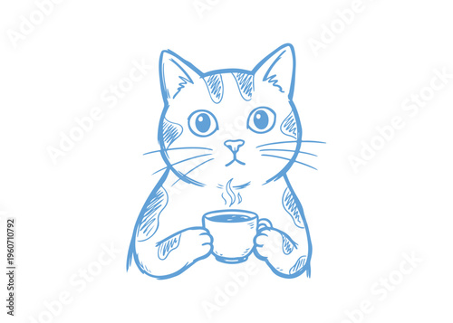 Cute Cat Holding Coffee Cup Vector Illustration - Minimalist Blue Line Art Sketch of a Tabby Cat Drinking Tea for Cafe Branding and Cozy Designs