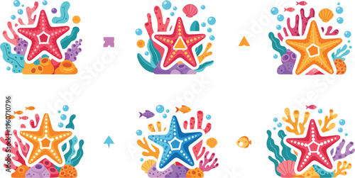Colorful coral reef starfish illustrations collection with underwater sea life plants vibrant ocean vector illustration set