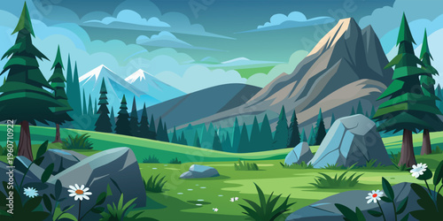 A serene vector illustration of layered mountain silhouettes against a vibrant sunset sky background