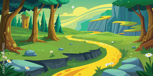 A serene digital illustration featuring layers of majestic mountain peaks at a soft pastel sunset