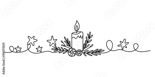 A continuous line drawing of a christmas candle surrounded by festive stars and evergreen branches