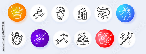Magic fantasy set icon. Hat rabbit hand skull candles smoke doll potion broom wand book cards star line icons minimal outline style mystical objects collection.