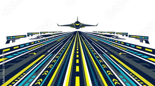 Dynamic illustration of a sleek futuristic aircraft preparing for takeoff on a stylized runway with abstract motion lines.