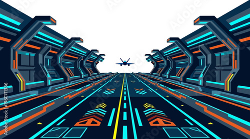 Futuristic aircraft taking off from an advanced illuminated runway within a sci-fi tunnel, showcasing innovative transport technology