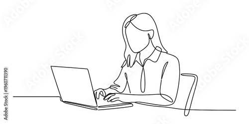 A single continuous line drawing of a woman sitting at a desk and working on her laptop computer