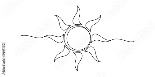A minimalist continuous line drawing of a stylized sun with rays extending horizontally outwards