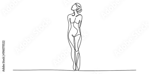 A minimalist single line drawing of a graceful female figure standing and looking towards the sky