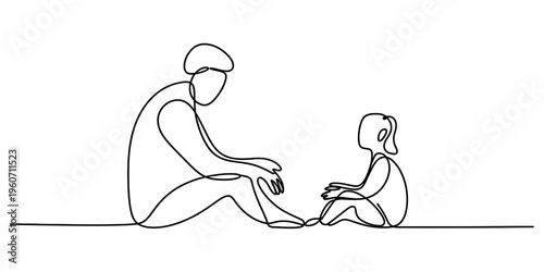 Continuous line drawing of a parent sitting on the floor and talking with their young daughter