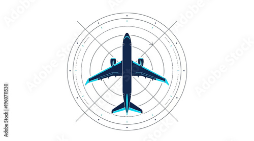 Top-down vector graphic of an aircraft on a radar grid, illustrating navigation, flight paths, and modern air transport technology.