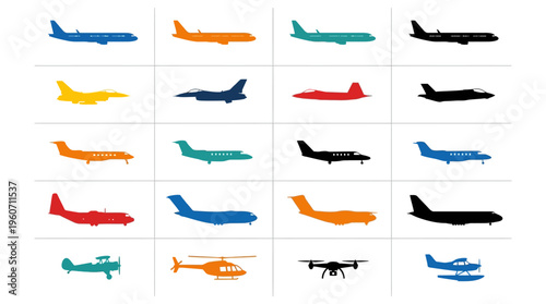 Colorful aircraft silhouettes: diverse vector icons of planes, jets, helicopters, and drones for modern transport.