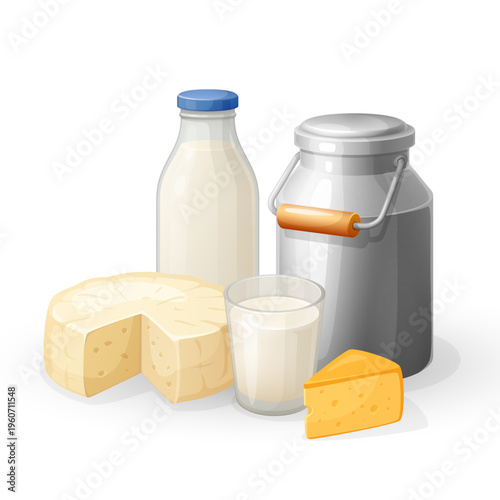 Vector illustration of dairy products including milk bottle, metal can, cheese wheel and glass of milk on a white background. Cartoon semi realistic style suitable for food, farming and organic themes