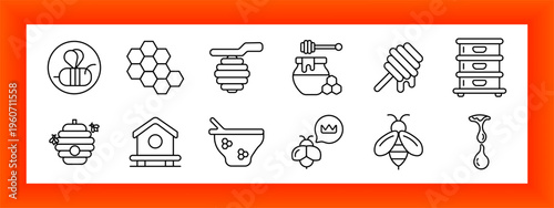 Beekeeping apiary set icon. Bee symbol, honeycomb cells, hanging hive, honey jar dipper, dripping honey stick, drawer cabinet, traditional hive, house hive, honey pot, bee queen, flying bee