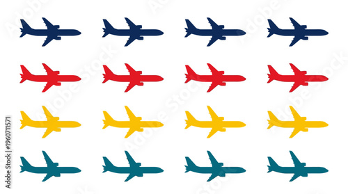 Colorful aircraft silhouettes arranged in a dynamic pattern, representing global travel, aviation, and efficient air transportation.