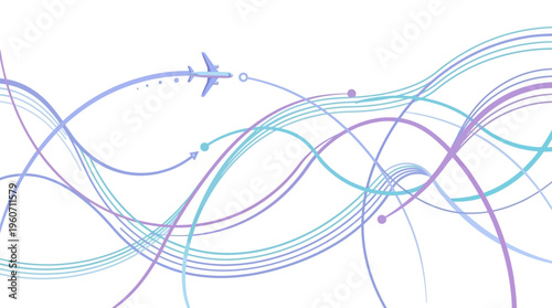 Dynamic illustration of an airplane navigating complex global flight paths, depicted with abstract wavy lines and interconnected routes.