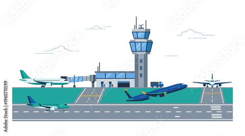 Dynamic Airport Operations Illustration Featuring Airplanes, Control Tower, Terminal Building, and Runway for Global Travel and Logistics
