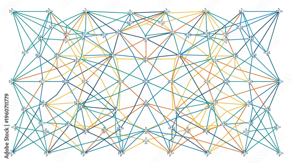 Obraz premium Dynamic visualization of an interconnected air travel system with aircraft icons forming a complex global transportation grid.