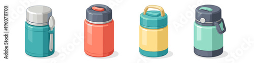 Collection of four colorful insulated food and drink containers with lids