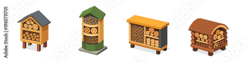 Collection of four diverse insect hotels for garden habitats