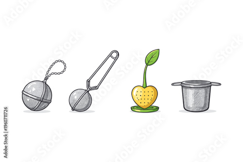 Collection of four distinct tea infusers and strainers for brewing loose leaf tea