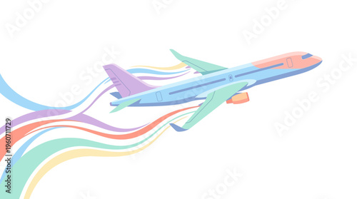 Abstract illustration of an airplane in flight, with colorful trails against a bright sky, symbolizing travel, progress, and innovation.