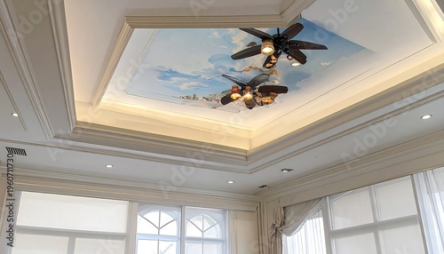 A ceiling with a mural of a blue sky and white clouds
