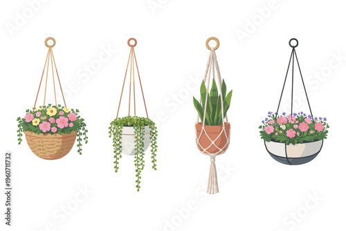Collection of four hanging planters with various plants and flowers