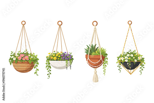 Collection of four diverse hanging planters filled with lush green plants and colorful flowers