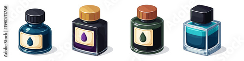 Collection of four colorful ink bottles with labels and drops of ink