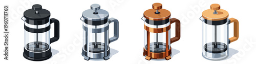 Collection of four French press coffee makers in different colors and styles