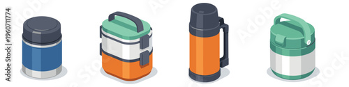 Collection of insulated containers for food and drinks, isometric view