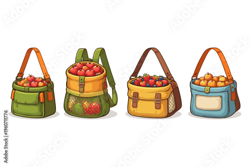 Collection of colorful bags filled with fresh fruits and vegetables for harvest