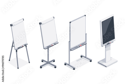 Collection of presentation boards and digital display stands in isometric view