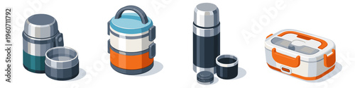 Collection of modern insulated food containers and thermoses for travel