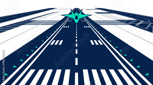 Futuristic jet aircraft on a long perspective runway ready for takeoff, modern air travel graphic illustration from an aerial viewpoint.