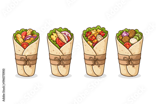 Four different delicious wraps with fresh ingredients and fillings